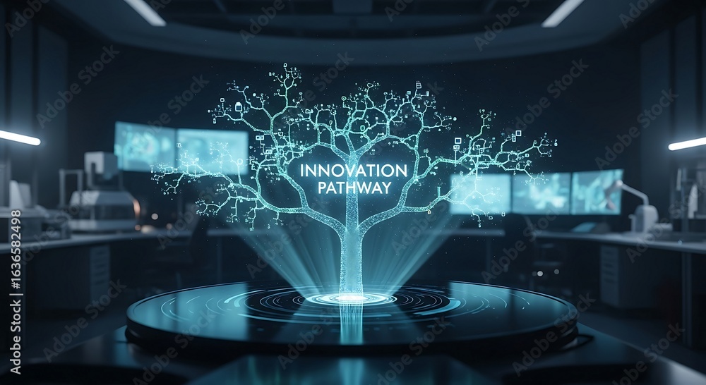 Poster conceptual glowing tree represents the evolving innovation pathway in a futuristic workspace.
