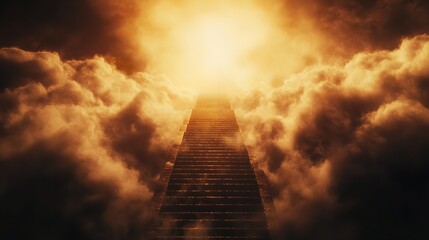 A stairway leading up to a bright light surrounded by clouds in a golden color scheme image