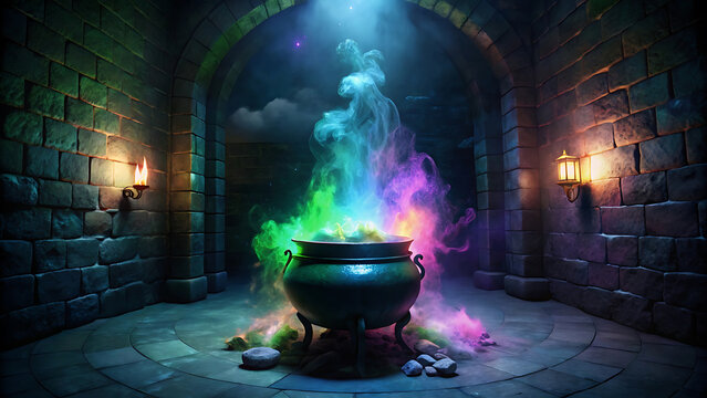 Magical Potion Cauldron Bubbling With Colorful Smoke Effects