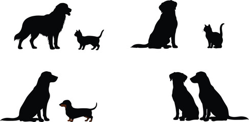 Dog and cat silhouettes, pet animal vector, sitting dogs, playful cats, dachshund, domestic pets, black silhouette, animal companionship illustration