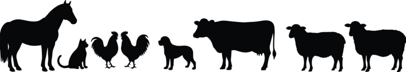 Farm animal silhouettes including horse, cat, rooster, dog, cow, and sheep, perfect for agriculture, livestock, rural, and farming design projects