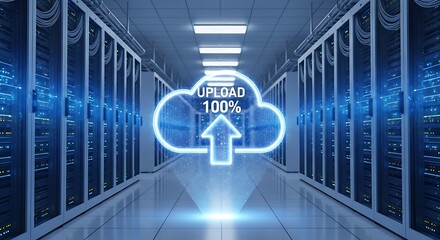 Cloud computing upload icon illuminates a secure and busy data server corridor.