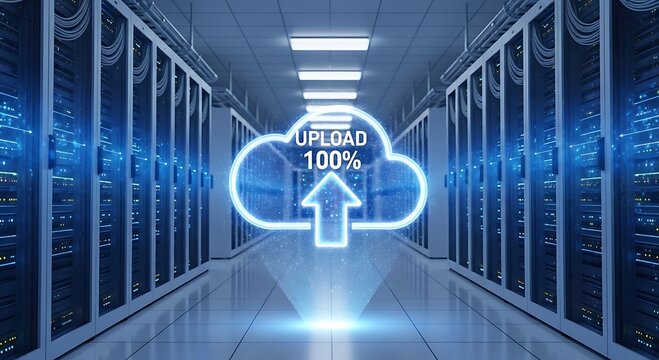 Cloud computing upload icon illuminates a secure and busy data server corridor.