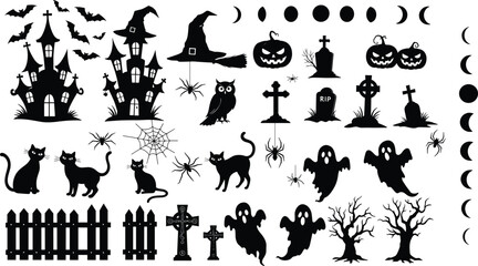 Halloween haunted house silhouette, spooky ghosts, black cats, bats, pumpkins, spiders, graveyard crosses, full moon phases, creepy trees, witch hat, owl illustration