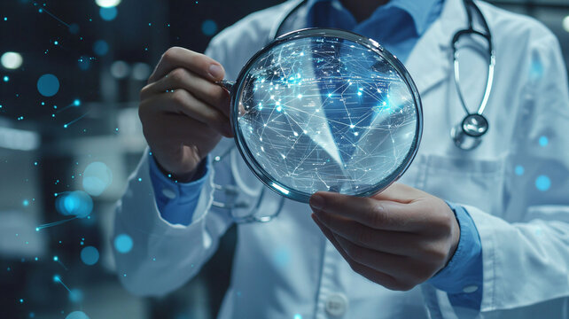 Doctor Examining Digital Network Through Magnifying Glass Lens