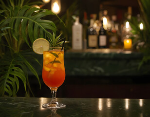 cocktail in the bar, Cocktail on a marble table with tropical plants in dimly lit bar setting at night