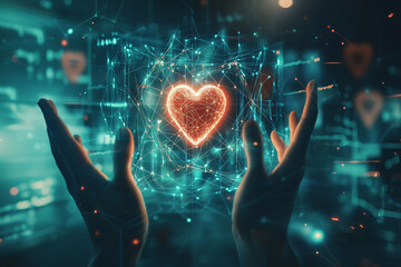 Hands Holding Glowing Heart in Futuristic Digital Environment