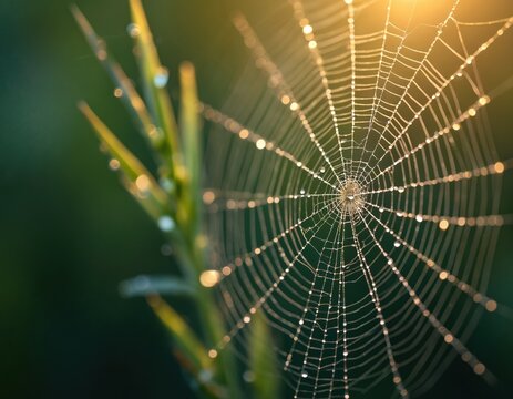 Macro shot of spider web glistening with morning dew drops. Intricate silk pattern on green grass backdrop. Sunlight creates bokeh effect. Natural phenomenon, insect trap.
