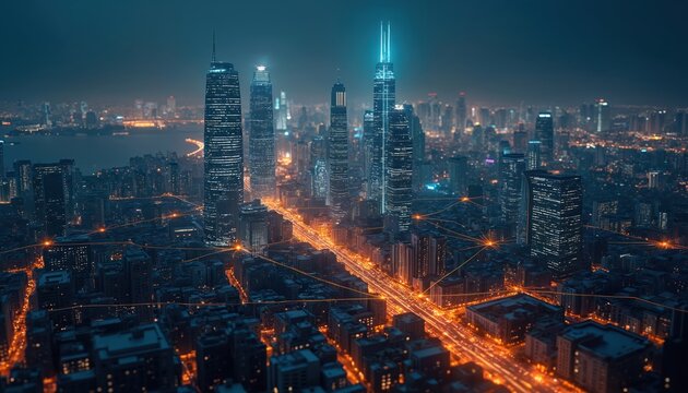 Illuminated cityscape at night shows three-dimensional IoT data map overlay on futuristic urban landscape. Connected digital network infrastructure visualizations highlight modern metropolis