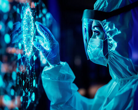 Scientist in Protective Gear Analyzing Data on a Futuristic Screen