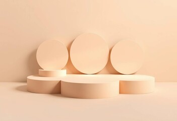 Fototapeta premium Three neutral beige circular podiums arranged in a flat lay, minimalist style, presentation, round