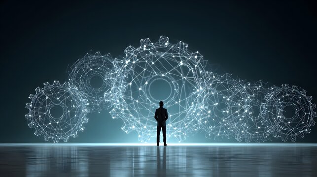 Silhouette of a person facing a network of interconnected gears. - Powered by Adobe