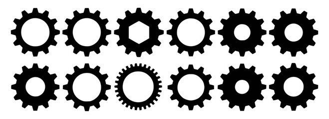 Collection of Black Silhouettes of Various Gears and Cogs wheel mechanical
