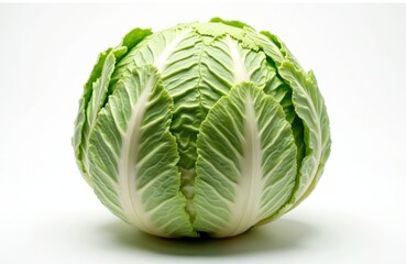 Fototapeta premium Fresh, vibrant green cabbage head, perfectly round, isolated on clean white background. This organic vegetable offers crisp texture, healthy nourishment, ideal for vegan, wholesome culinary uses.