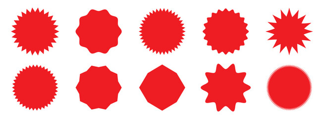 Set of red starburst, sunburst badges, Sale sticker, price tag, starburst icon set , Circle sticker set. Wavy edge promo red badges. Star burst shape tags for price. Red sale tag