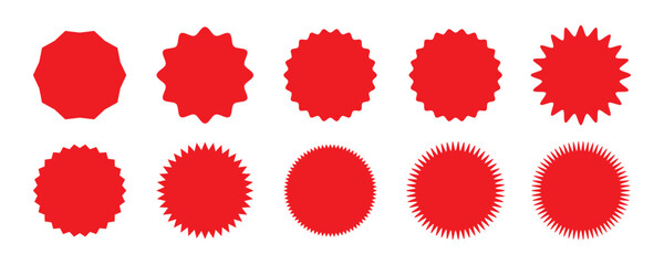 Set of red starburst, sunburst badges. Design elements - best for sale sticker, price tag, quality mark. Flat vector illustration isolated on white background.