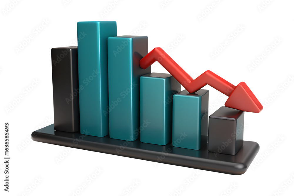 Aufkleber 3d rendering of a financial bar chart showing a downward trend with a red arrow indicating a sharp d