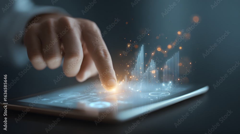 Poster hand interacting with a tablet displaying a glowing graph.