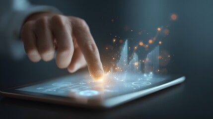 Hand interacting with a tablet displaying a glowing graph.