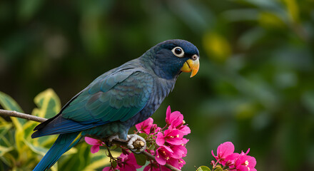 Obraz premium Dusky-headed parrot perched gracefully on a flowering branch with vibrant pink blossoms and a