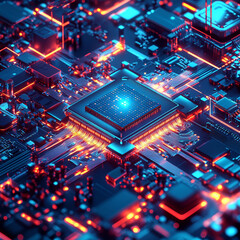 Obraz premium A vibrant close-up view of an illuminated electronic circuit board reveals intricate patterns of glowing data pathways and advanced computing components.