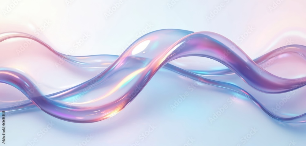 Poster abstract background features holographic iridescent ribbon 3d render. wavy curved glass shape with b