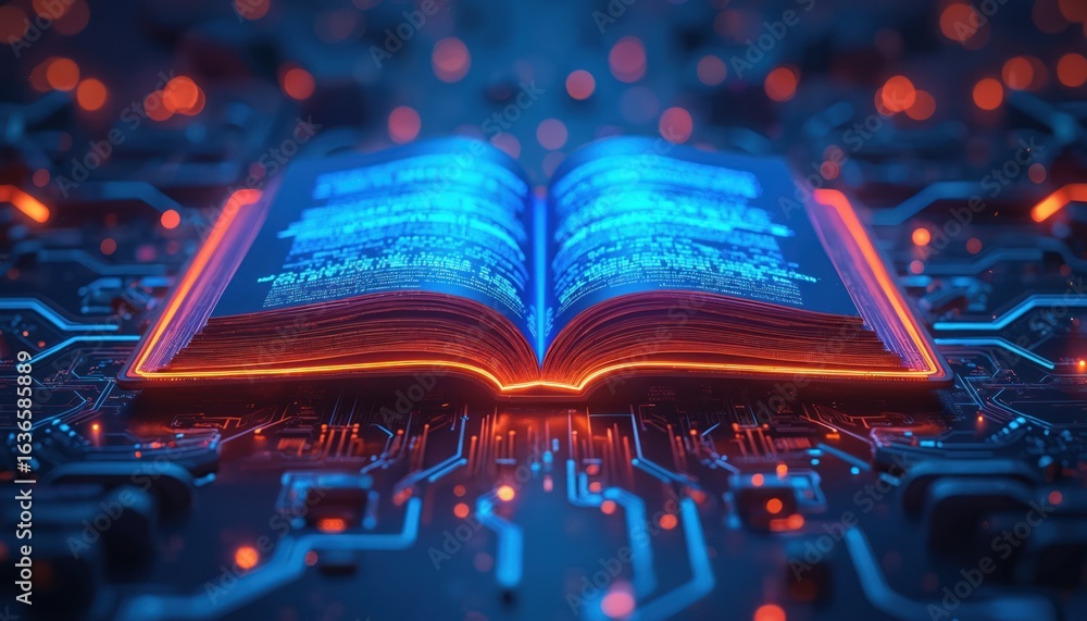 Poster glowing open digital book displays text on futuristic circuit board. neon blue light emanates from p