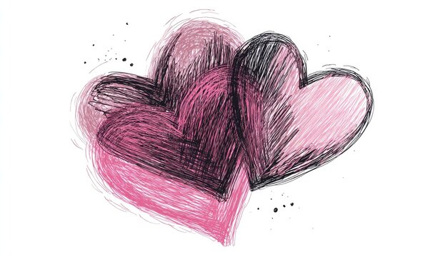Two overlapping hearts, shaded pink and dark-toned, sketched style, on white background