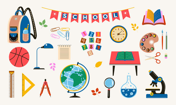 Bright set with vector school supplies, books, globe, backpack, rulers, Paints, brushes, pencils, basketball ball, microscopes and other stationery. Great for school materials and children s goods.