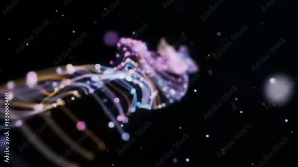 Poster abstract digital wave animation dynamic flow of light and particles in deep space