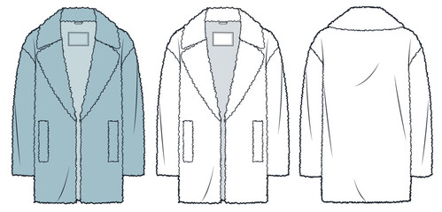 Faux Fur Coat Technical Fashion Illustration. Winter Coat fashion flat technical drawing template, pockets, front and back view, white, blue, women, men, unisex CAD mockup set.
