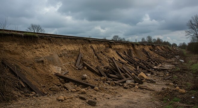 Railway track embankment collapse landslide damage infrastructure failure train track disruption accident scene