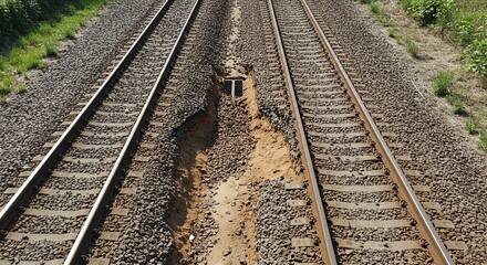 Obraz premium Railroad tracks gravel ballast drainage infrastructure train transportation travel landscape railway