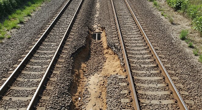 Railroad tracks gravel ballast drainage infrastructure train transportation travel landscape railway