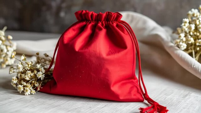 A vibrant red drawstring pouch with delicate white flowers against a blurred background. Light plays on a wooden surface