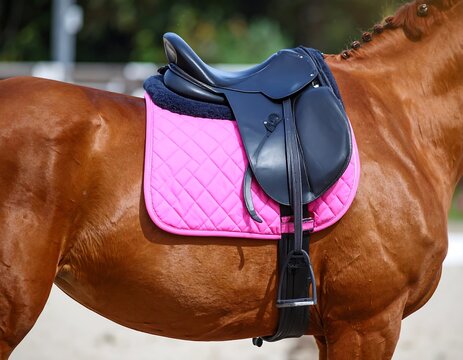 Horse with pink saddle pad and black leather saddle