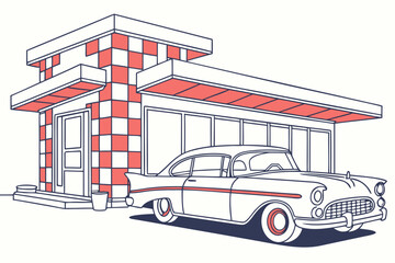 Vintage car parked in front of mid-century diner in Rockford Illinois, modern flat illustration style