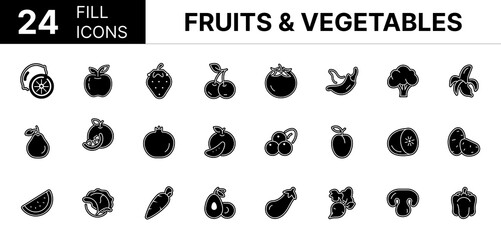 Collection of 24 Fruits & Vegetables fill icons featuring editable strokes. These outline icons depict various modes of Fruits & Vegetables, Fruit, Vegetable, Icon, Vector, Tomato, Pomegranate, Pea,