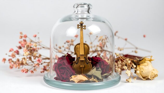 Miniature Violin Preserved with Dried Roses Under Glass Dome - Powered by Adobe