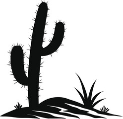 Black and white cactus silhouette illustration with desert landscape elements, perfect for southwestern design, botanical prints, nature logos, tattoo templates, and wild west themes.