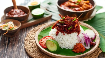 A vibrant Southeast Asian dish features grilled meat with red sauce on banana leaf, white rice,