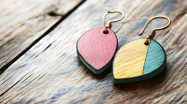 un fondo colorido de madera con espacio de copia con un par de aretes coloridos de madera artesanales esteticos de moda 