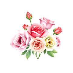 Obraz premium Beautiful bouquet of pink and cream roses with green leaves delicate floral arrangement isolated on transparent background