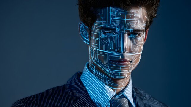 Man's face overlaid with a digital circuit design.