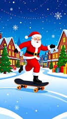 Santa Claus skateboarding in snowy town