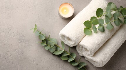 A set of three neatly rolled white towels with eucalyptus branches, a lit candle casting warm glow,