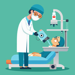 Doctor examining patient s eye with medical equipment in clinic