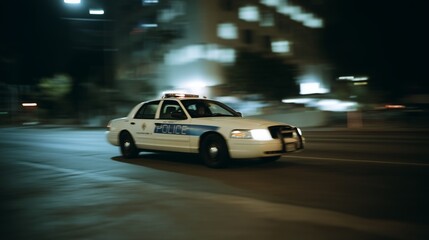 Police Car Patrolling at Night in Los Angeles with Lights On