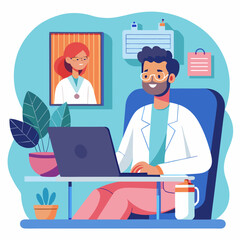 Doctor working on laptop in office with portrait of female doctor