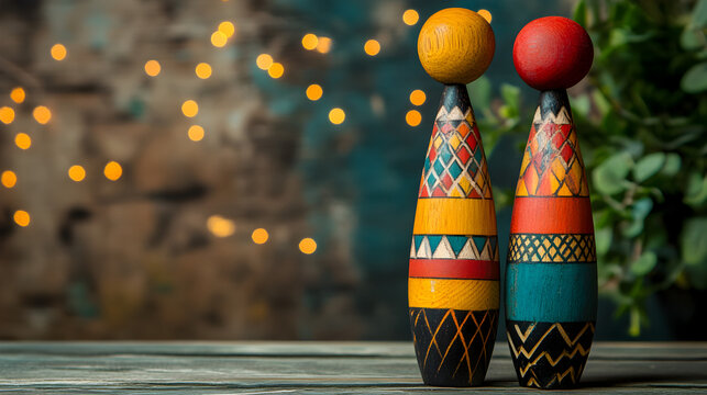 un par de estatuillas o esculturas hechas de madera con figura alargada o de personas abstracto coloridas y pintadas artesanales modernas sobre un fondo creativo con espacio de copia 